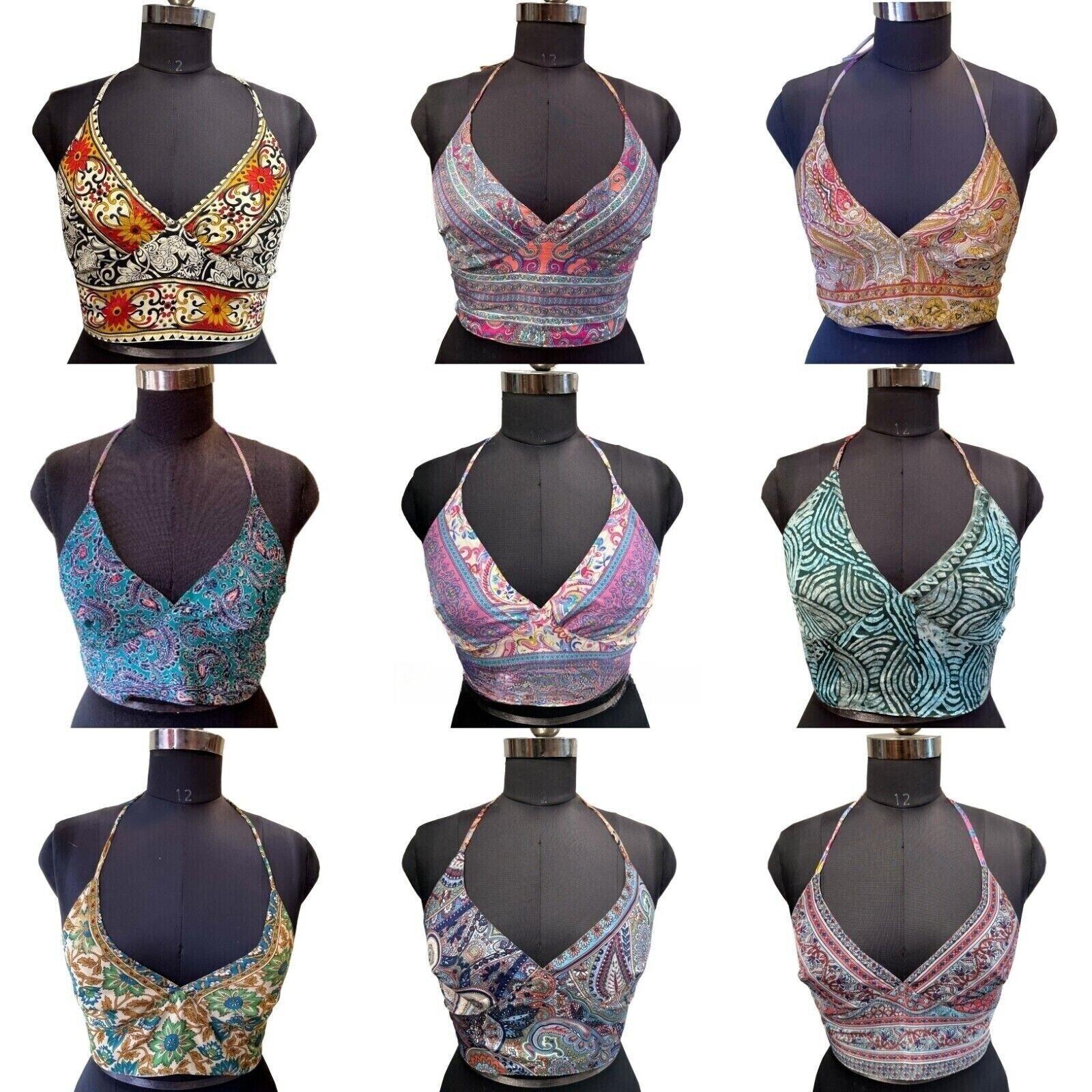 Wholesale 10 PC Of Indian Vintage Silk Sari Halter Crop Tops Retro 60s Clothing