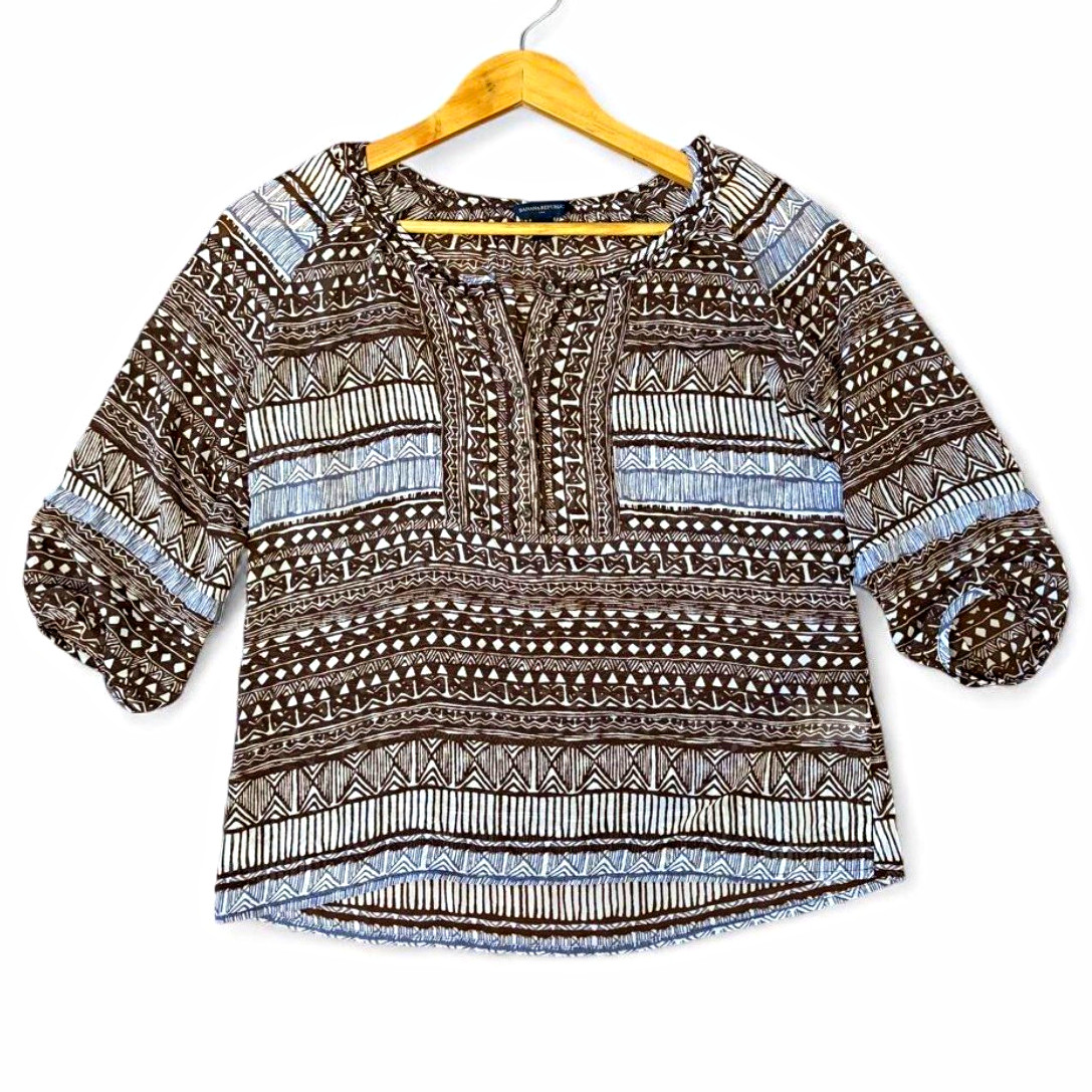 Banana Republic Womens S Brown White Aztec Tribal Print 3/4 Sleeve Boho chic Top