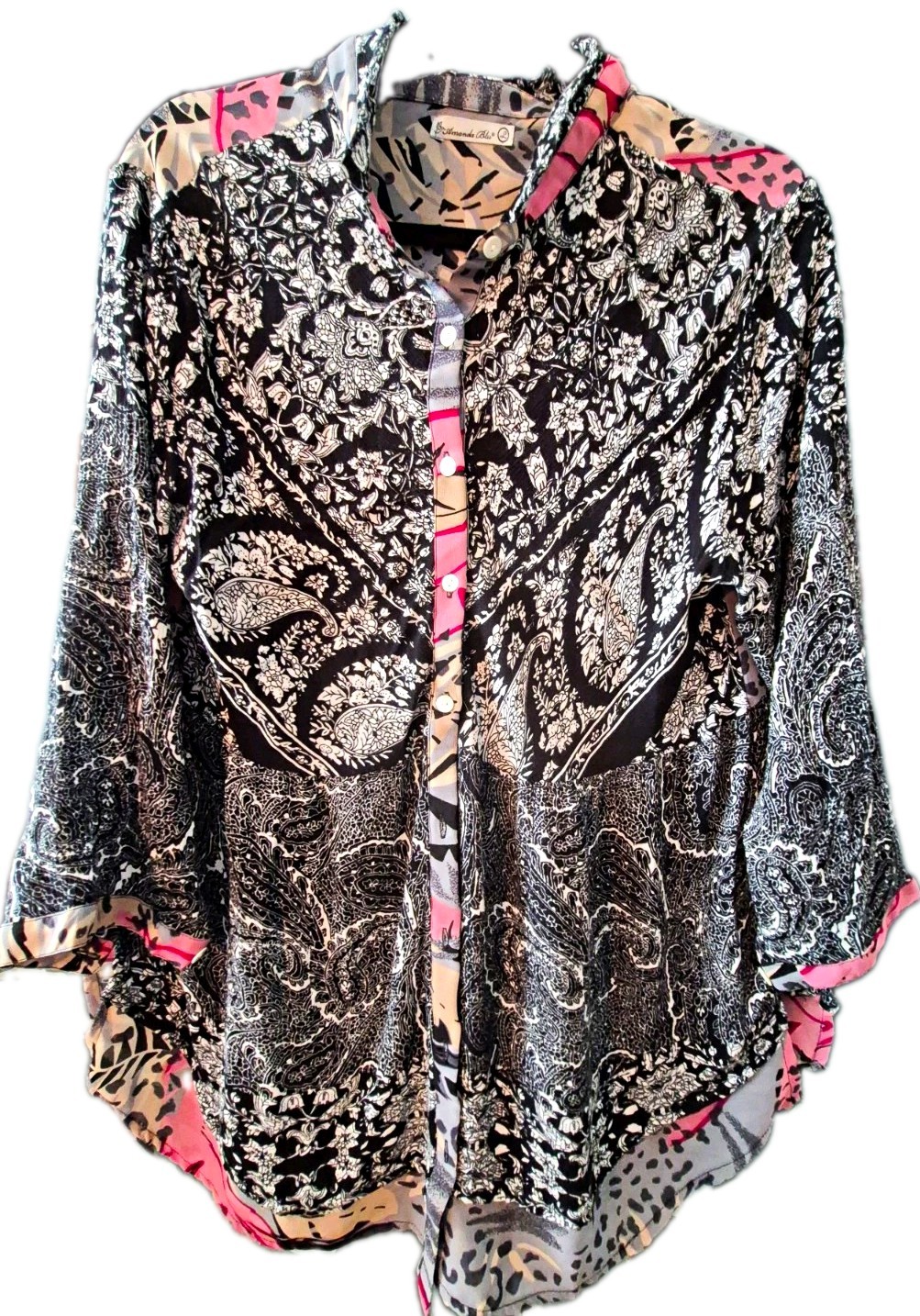 Amanda Blu Women’s L Regular Black/White Paisley Mixed Pattern Blouse