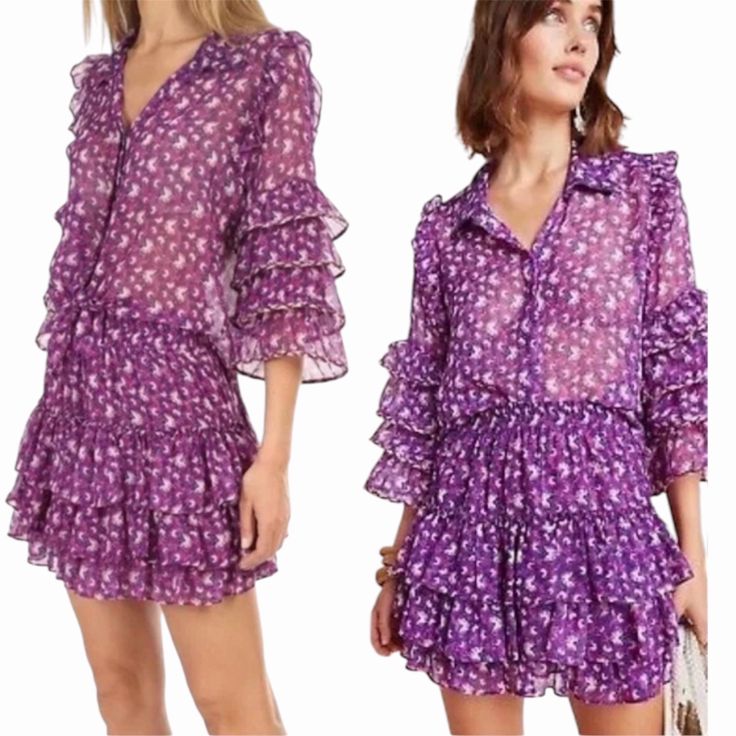 MISA LA Sheer Purple Cordelia Layered Tiered Bell Sleeve Blouse XS