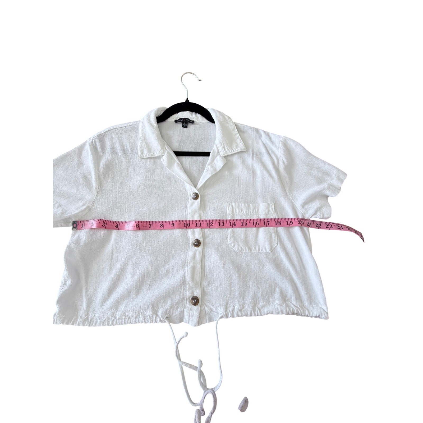 Moa Moa Women’s White Cropped Button Up Drawstring Blouse Textured Large