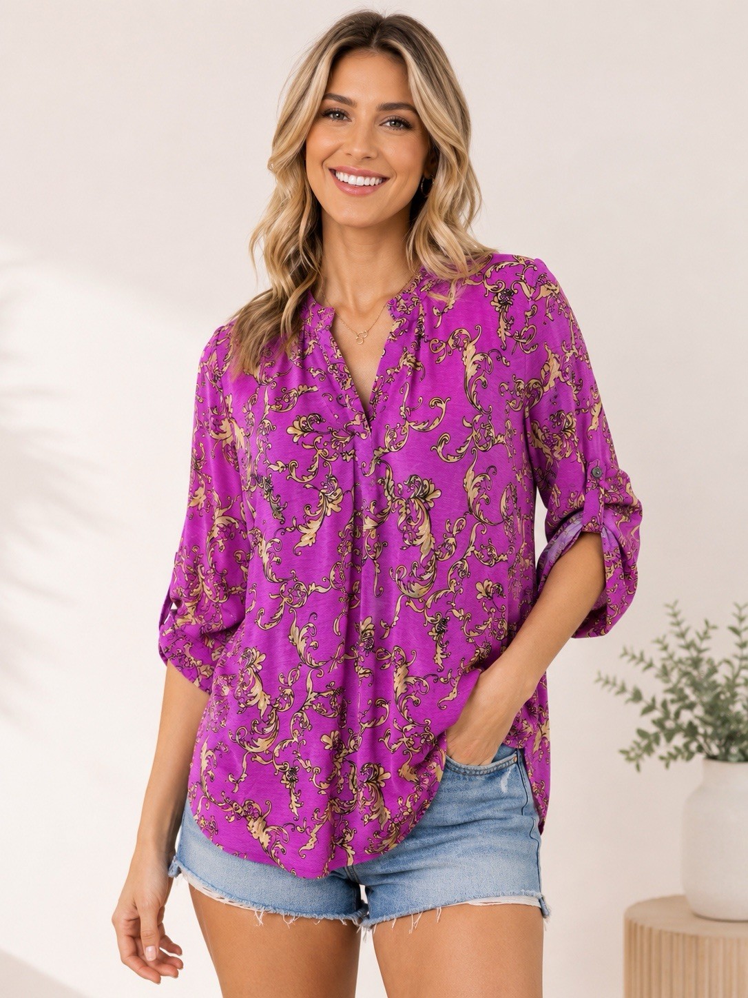 Dear Scarlett Lizzy Top Magenta Baroque Print 3/4 Roll Tab Sleeve Blouse Large