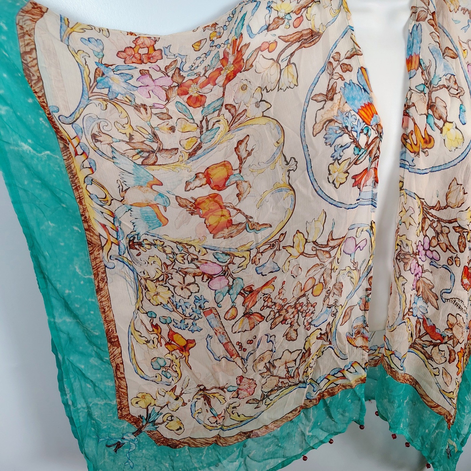 Soft Surroundings Cupro Kimono Wrap Botanical Bird Print Teal Bead Trim S/M