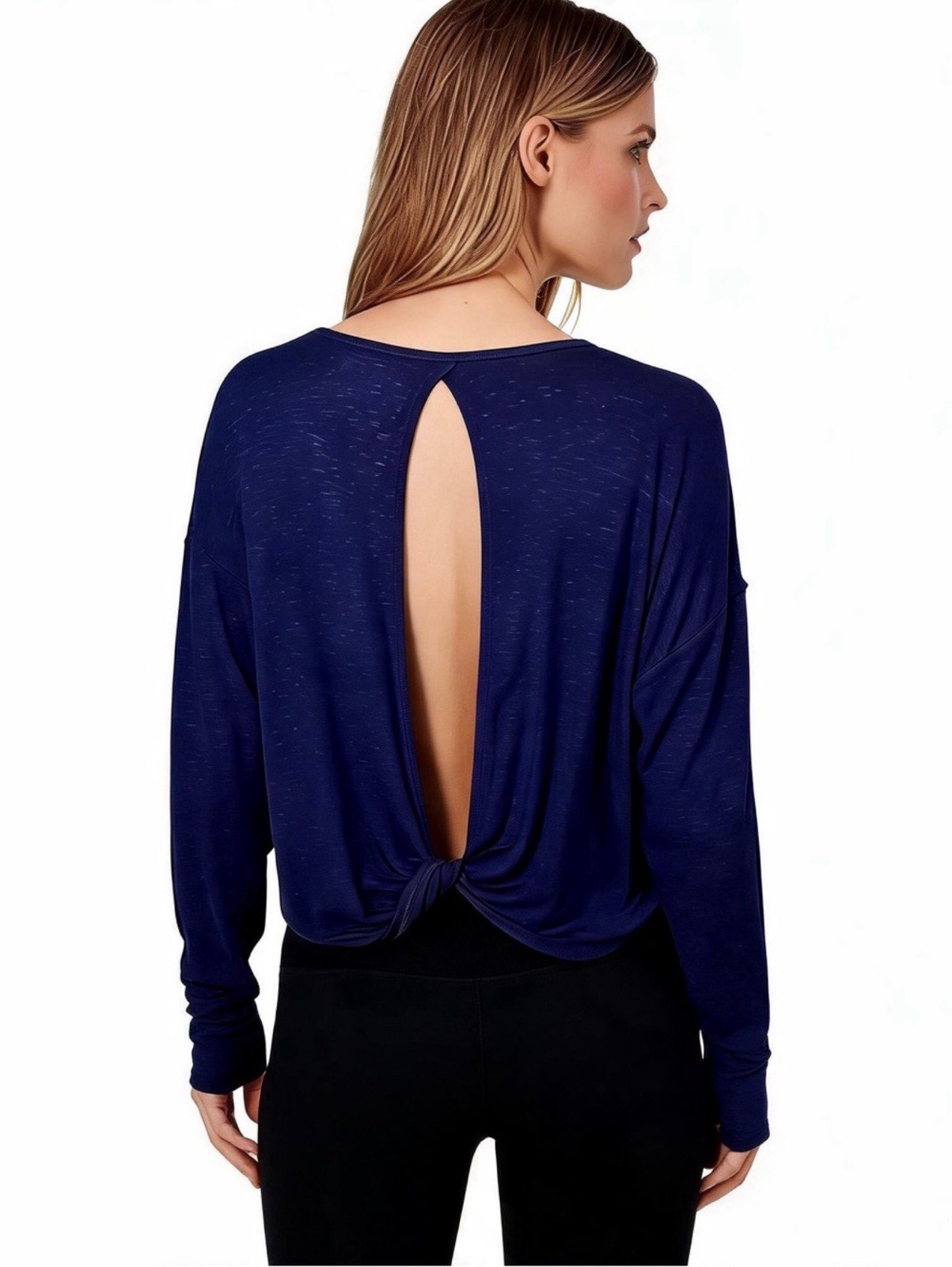 VIE ACTIVE Women’s M Blue Solid Round Neck Dolman Long Sleeve Open Back Twist