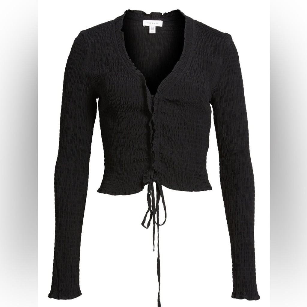 ✨NWT Topshop Black Ruched Long Sleeve Lace-Up Top V Neck Minimalist Going Out