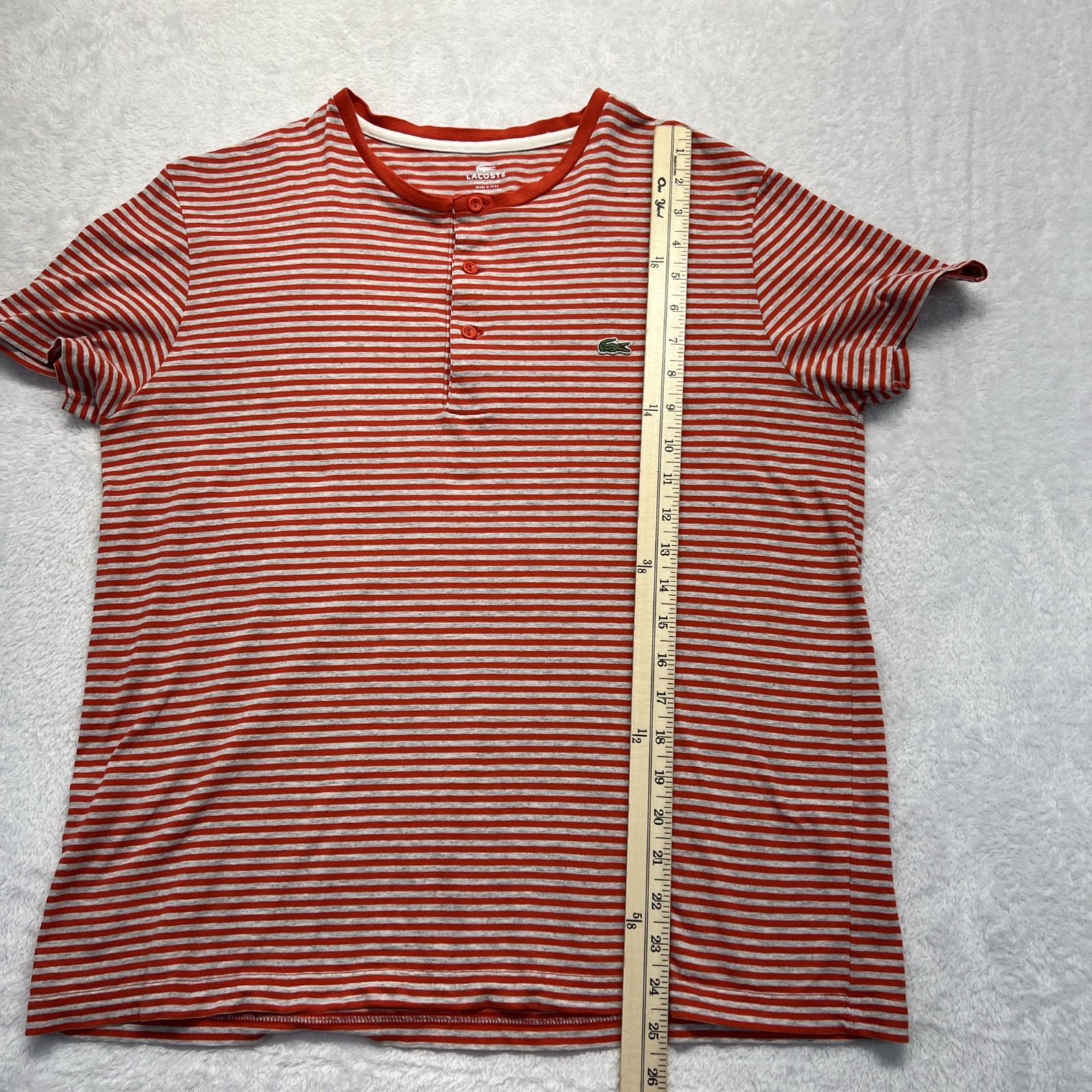 Lacoste 3 Button Crew Neck Short Sleeve Pullover Size 5 Red Gray Stripe Reg. Fit