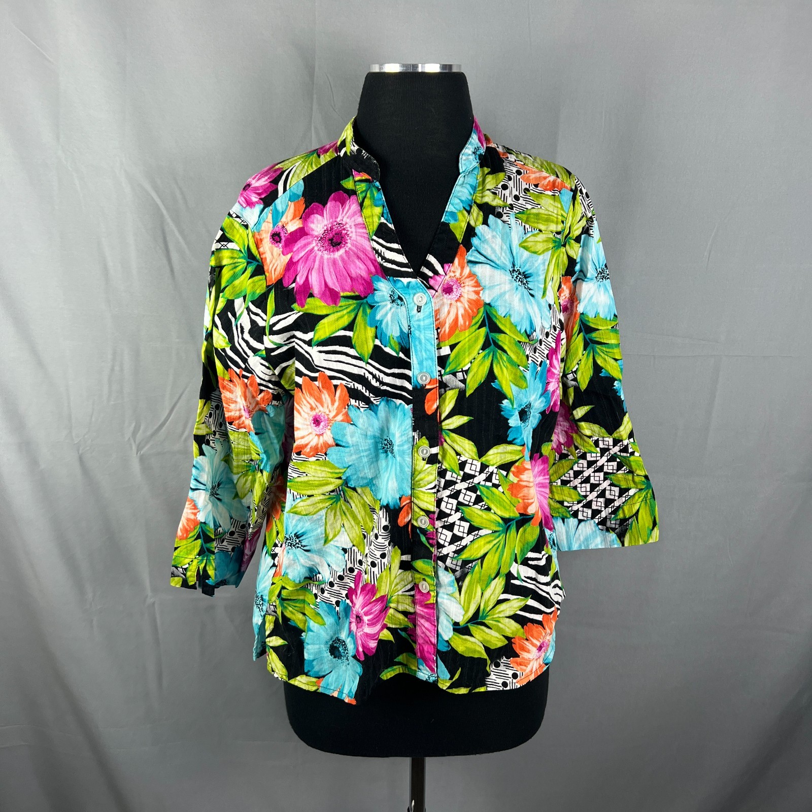 Alfred Dunner Hawaiian Shirt Womens 14 Multi Tropical Floral Cotton Button Up