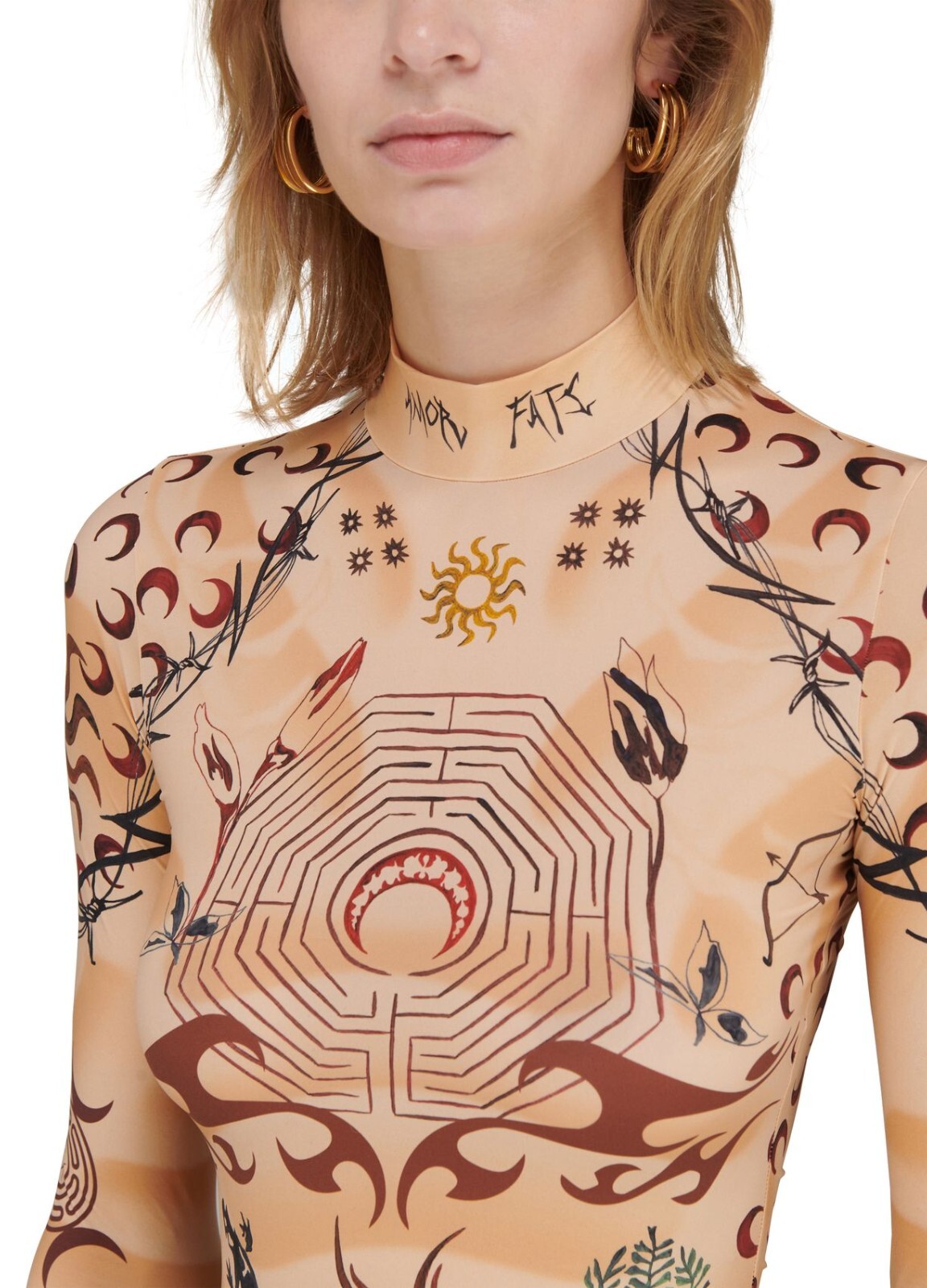 Marine Serre Whiteline Tan Tattoo Moon Logo Print Second Skin Top | Size XL $430