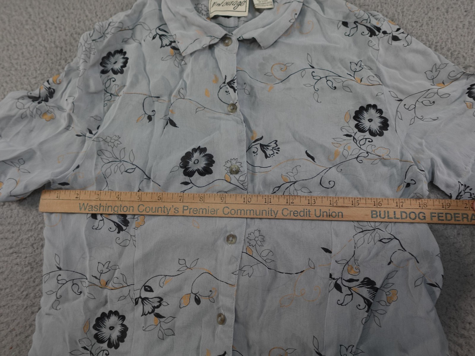 Vintage Sheer Shirt Womens Medium Gray Floral Button Front Tie Waist Lightweight