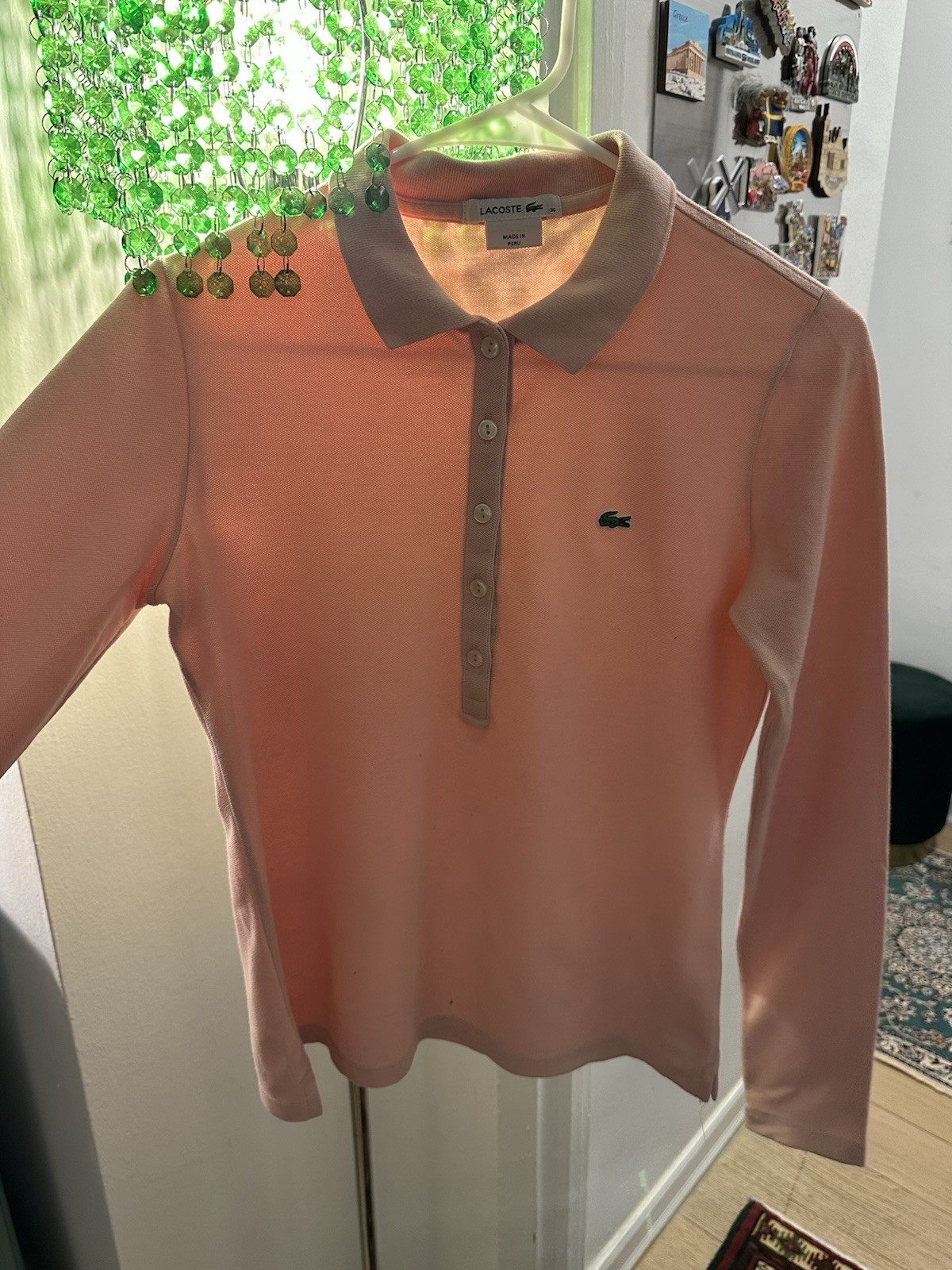 Lacoste Women’s Pink Long Sleeve Polo Shirt Stretch Knit Logo Button Size 36