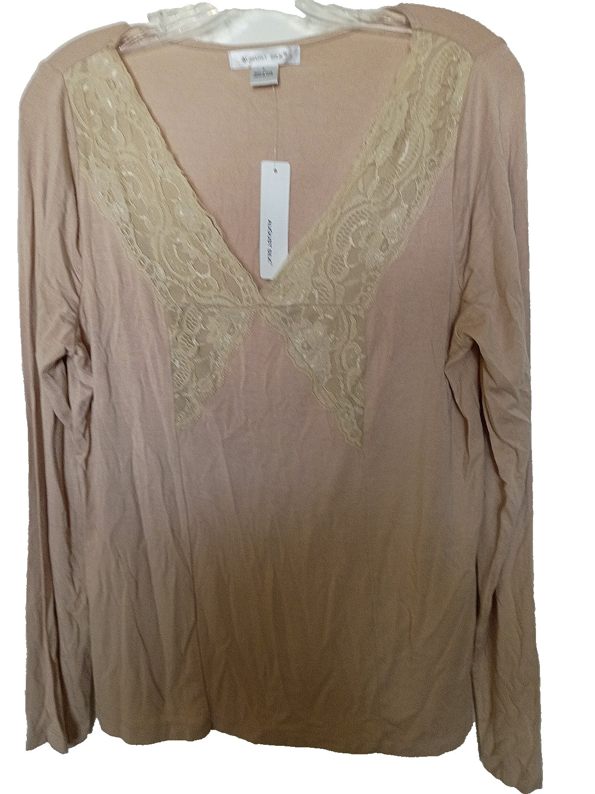 August Silk 95% rayon, 5% spandex knit solid “French Mocha” l/s V-neck T-shirt L