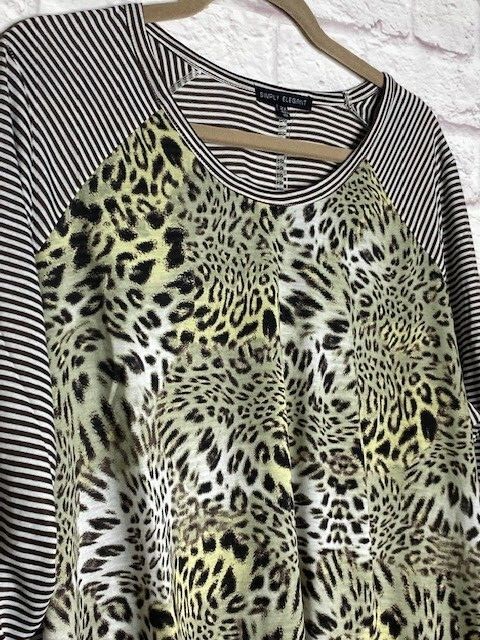 1X/2X/3X New White Brown Stripes Leopard Animal Print Long Sleeve Tee T-shirt