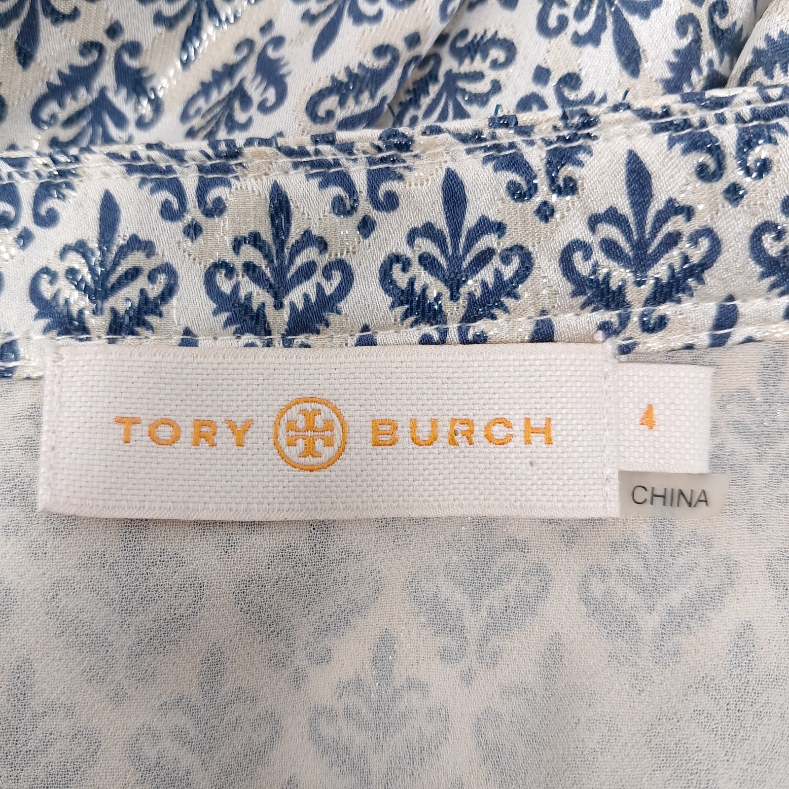 Tory Burch Caralyn Silk Blouse 4 Blue White Geometric Lantern Sleeve 41141166