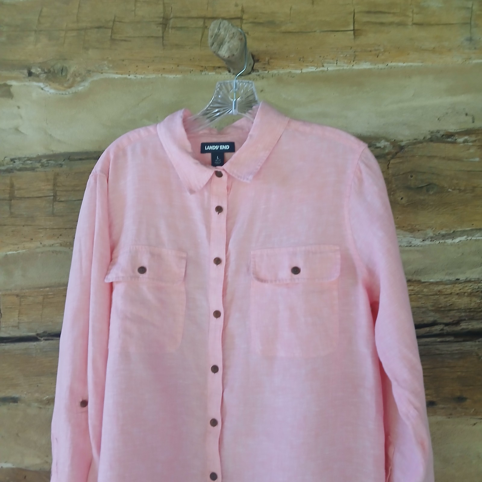 Lands’ End Women’s Shirt Long Sleeved Button Up Linen Peach Pink Large (14-16)