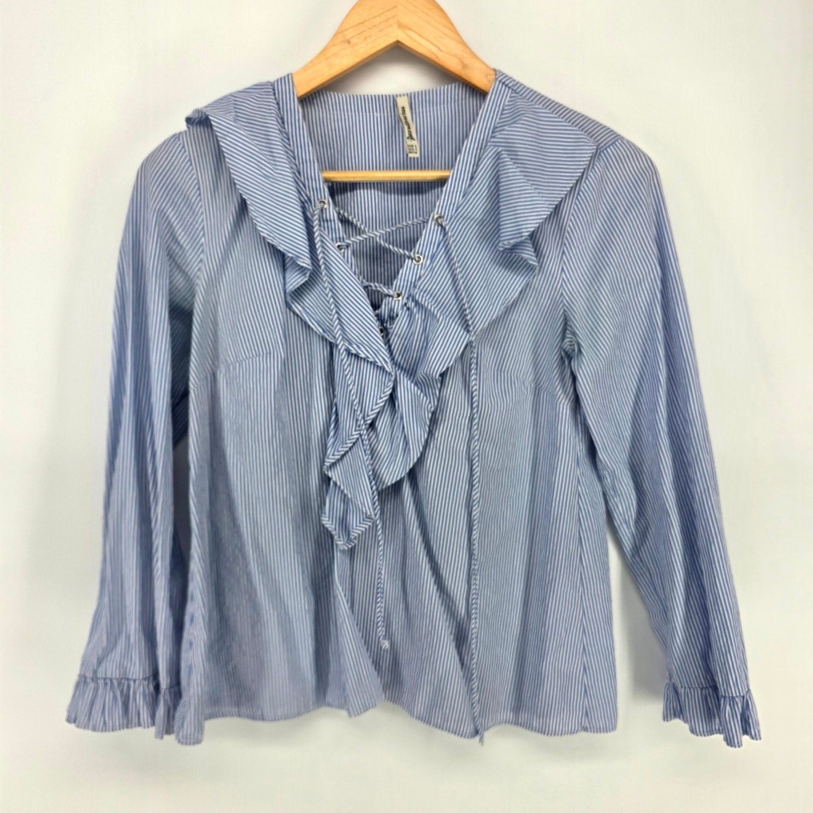 Stradivarius Blouse Womens S Blue White Striped Lace Up Ruffle Long Sleeve Top