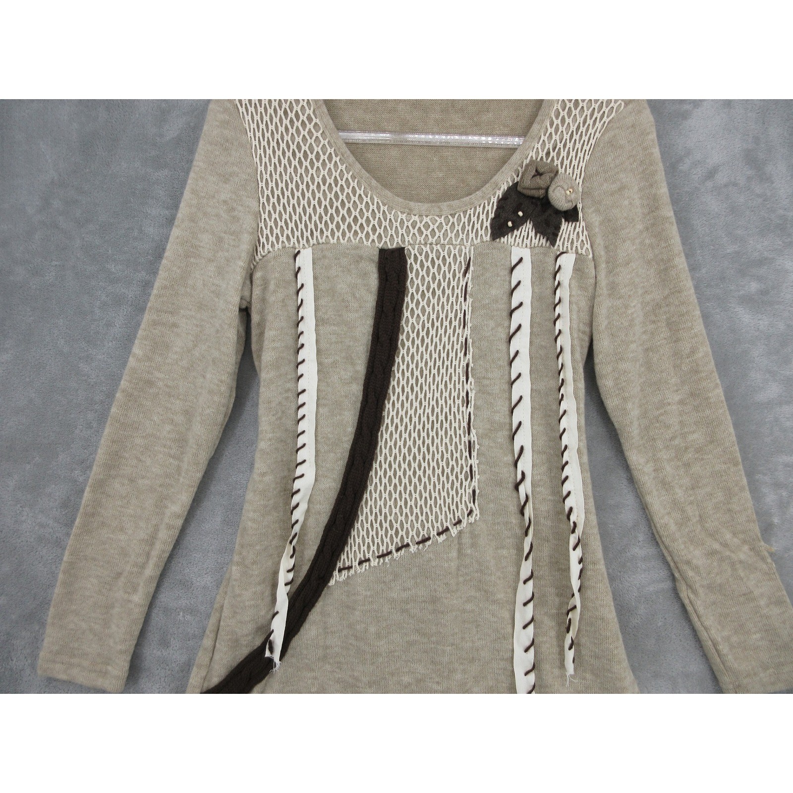 Art To Wear Tunic Womens Size M Mixed Media Crochet Patchwork Boho Tie Artsy Tan