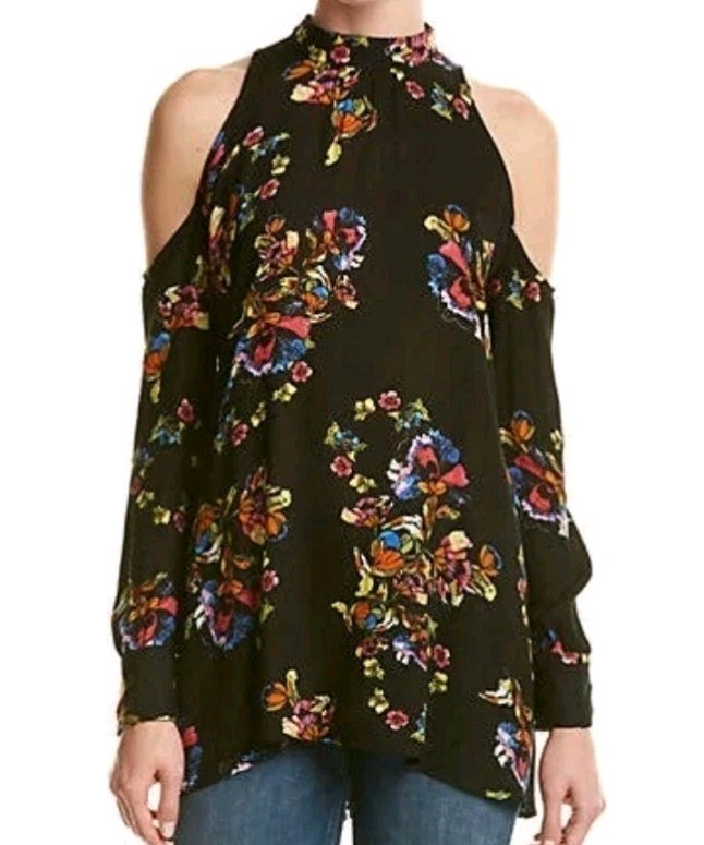 Free People Kaleidoscope Dream Tunic Black Floral Cold Shoulder sz S Whimsygoth