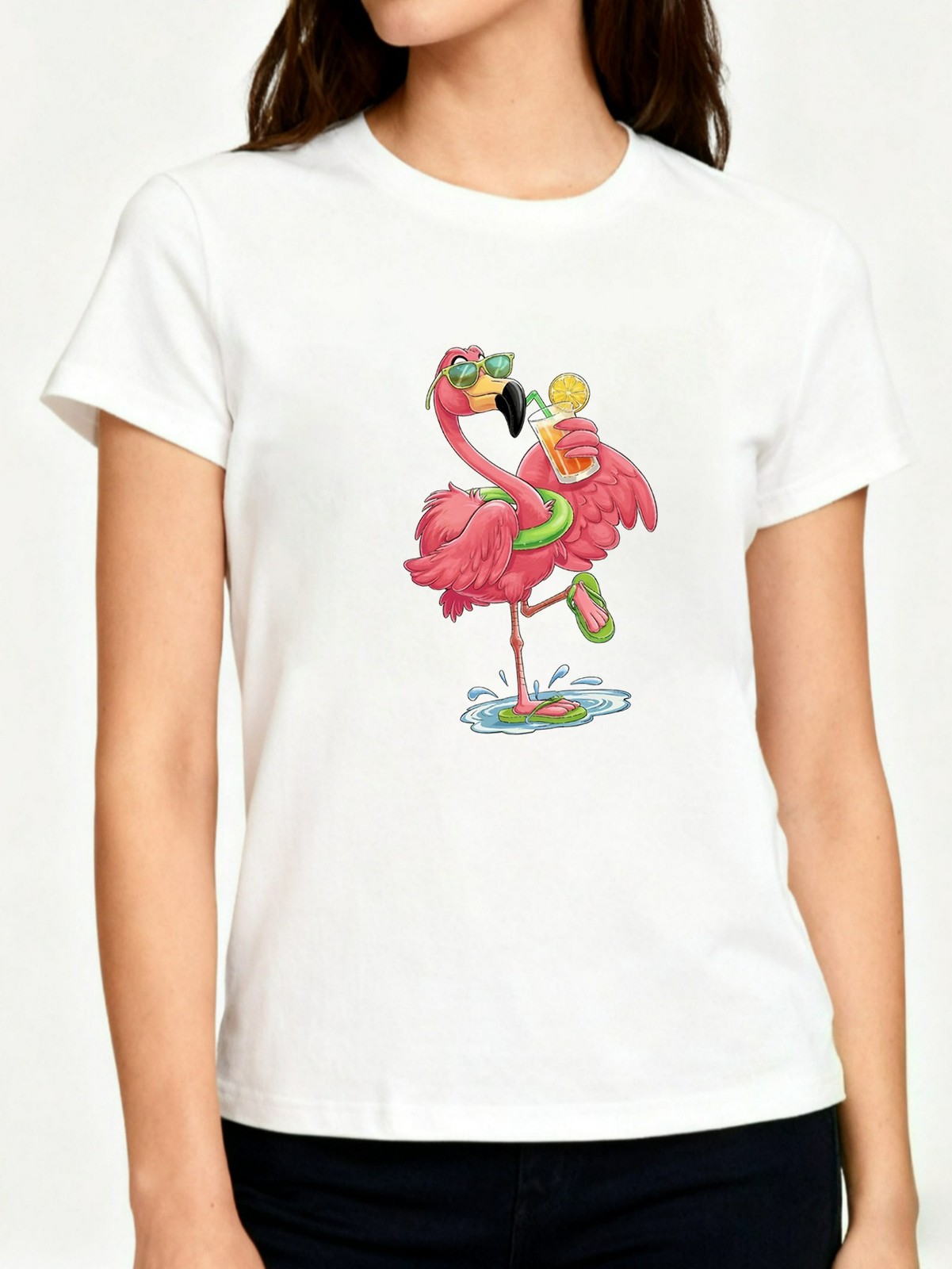 Funky Flamingo with Sunglasses Graphic T-Shirt Cute Casual Soft Tee Women’s Top