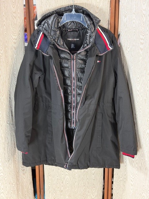 Women’s Tommy Hilfiger Black Faux Layered Hooded Winter Coat Jacket TOP XXL LOOK