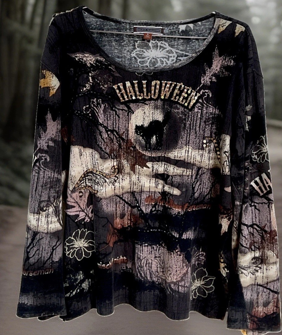 Holiday Traditions Halloween Black Cat Full Moon Tee Shirt Size XL Top Womens
