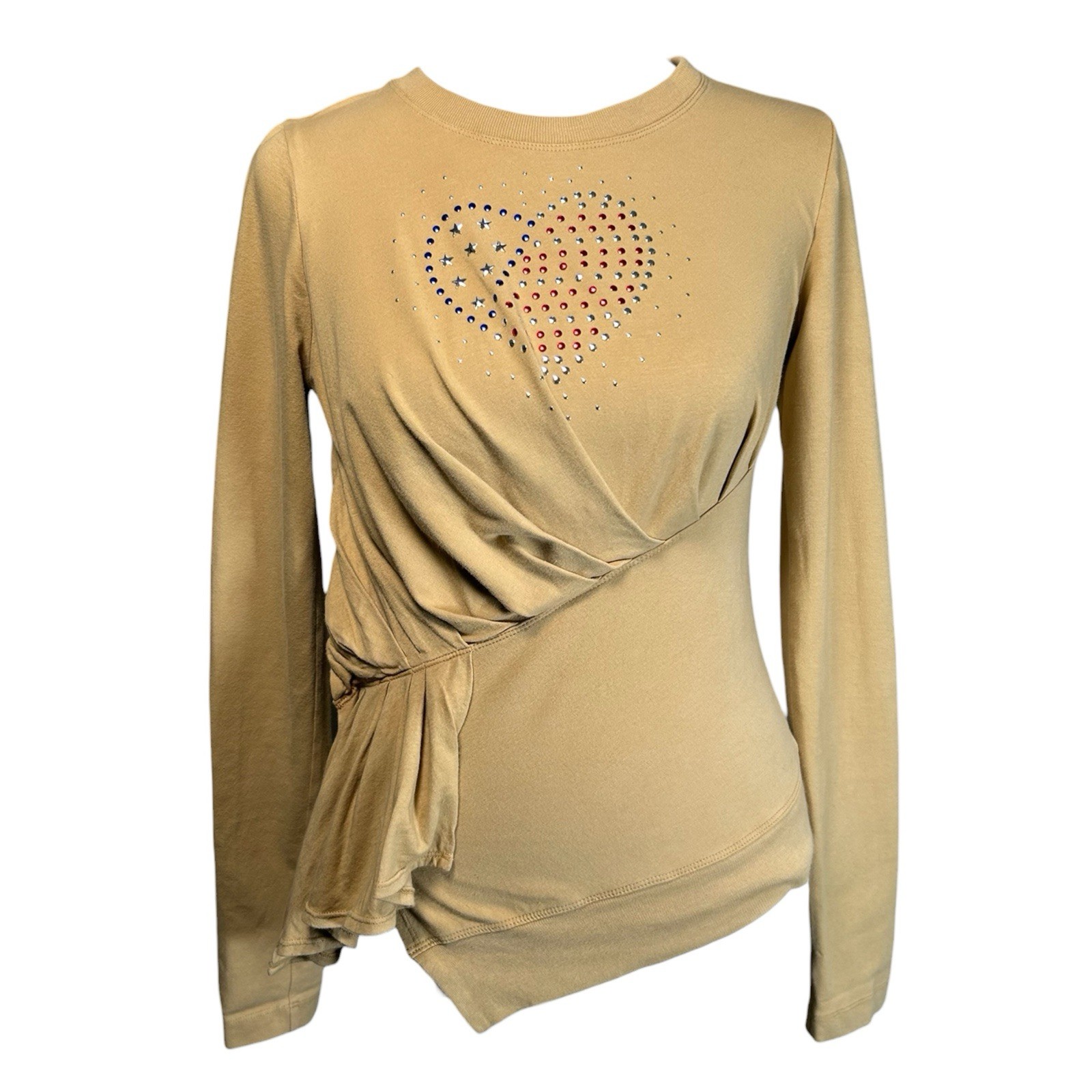 VTG Y2K Plein Sud Jeans Studded Heart Asymmetrical Beige Long Sleeve Top 6