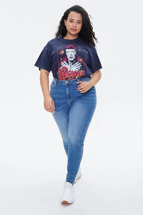 Bowie Womens Plus Size Bowie Retro Picture Vintage Style Navy Shirt New 1X, 2X