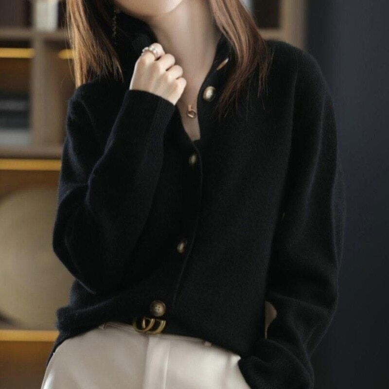 Woman Lady Vintage Real Wool Sweater Cardigans Winter Velvet Knitted Crochet Top