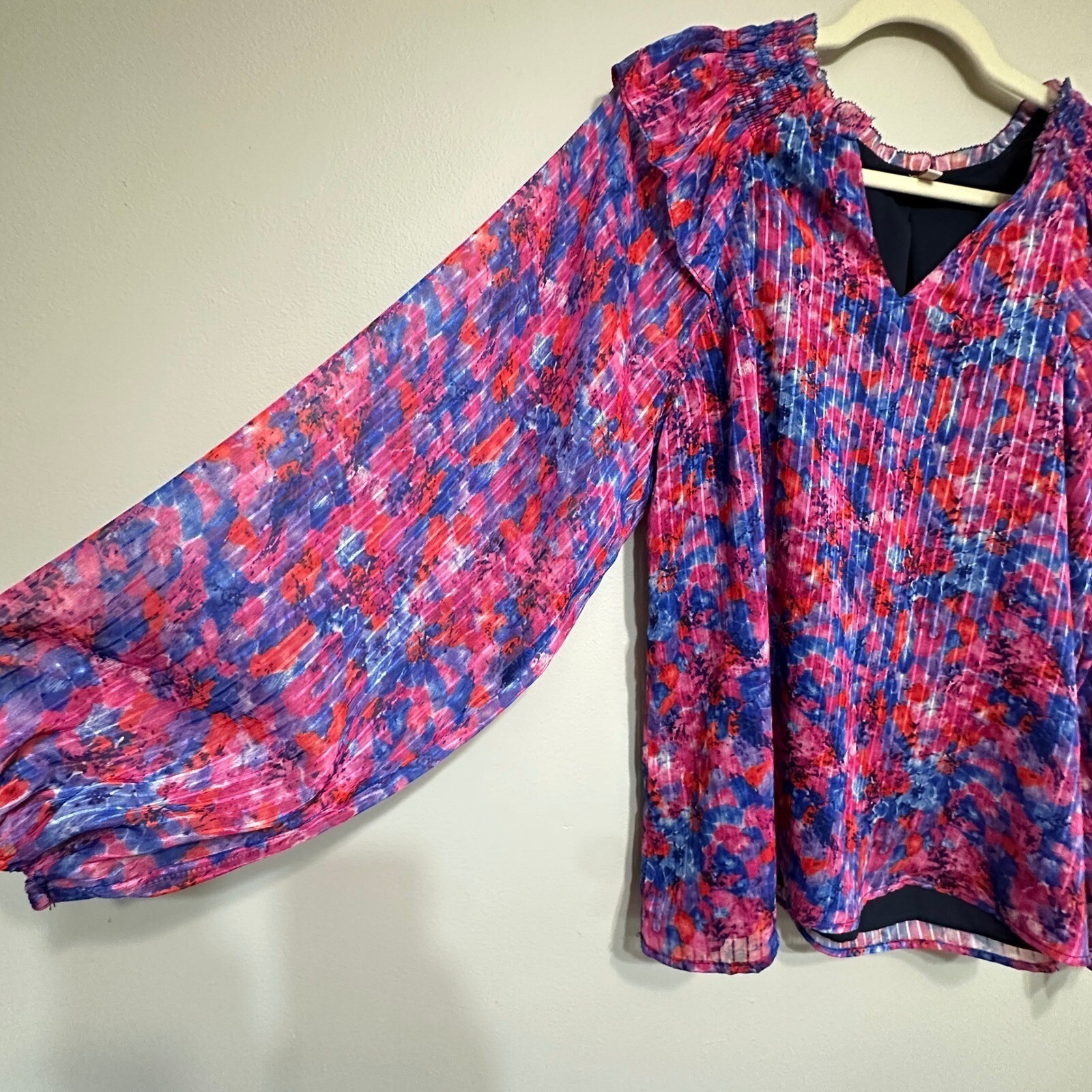 Skies Are Blue Floral Balloon Sleeve Blouse Women M Pink Ruffle Airy Flowy Sheer