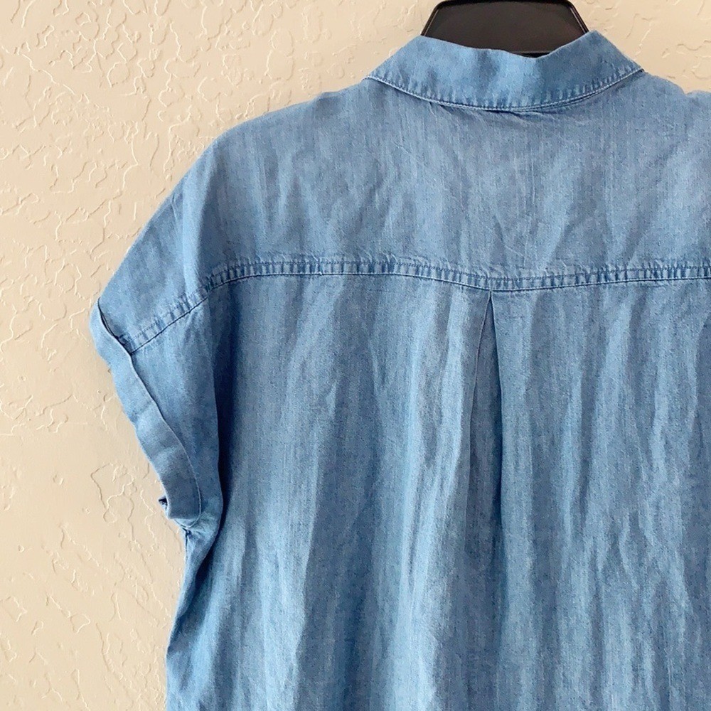 dip Button Up Front Pockets Blue Shirt