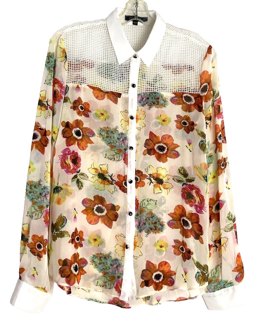 Femme Button Up Blouse Abstract Floral Women Size M Mesh Detail Semi Sheer