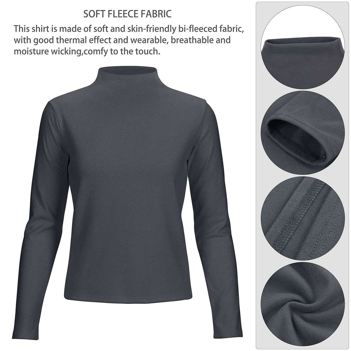 Winter Warm Brushed Fleece Long Sleeve Stretch Turtleneck Mock Neck Top Shirt