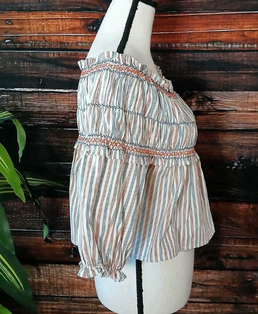 Gianni Bini Crop Top Size XS Puff Sleeve Smocked Ruffle Striped Off Shoulder