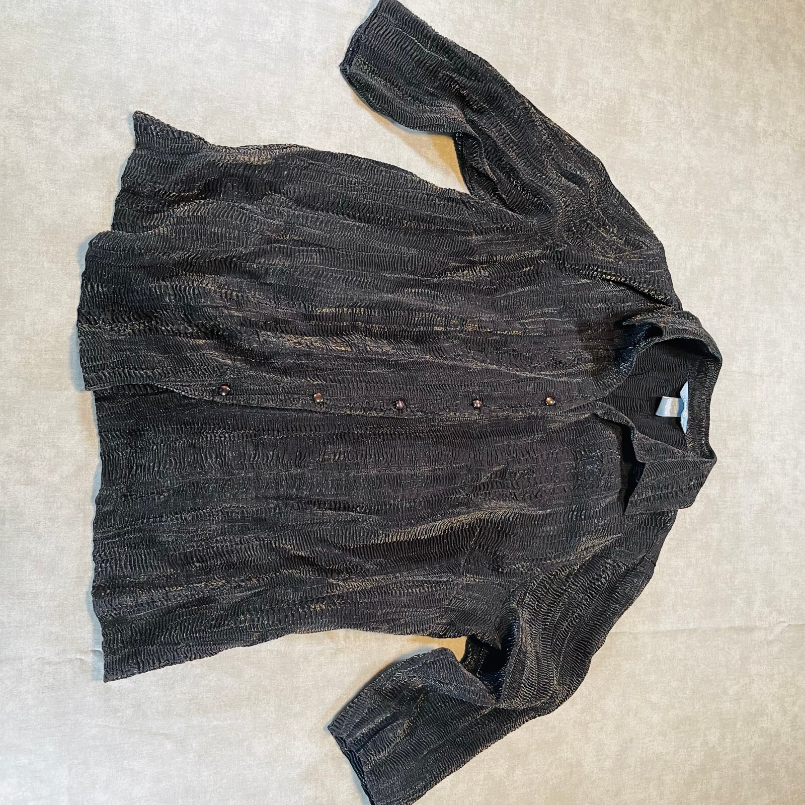 Napa Valley Woman 1X Blouse Shirt Black Metallic Crinkle Textured Button Up