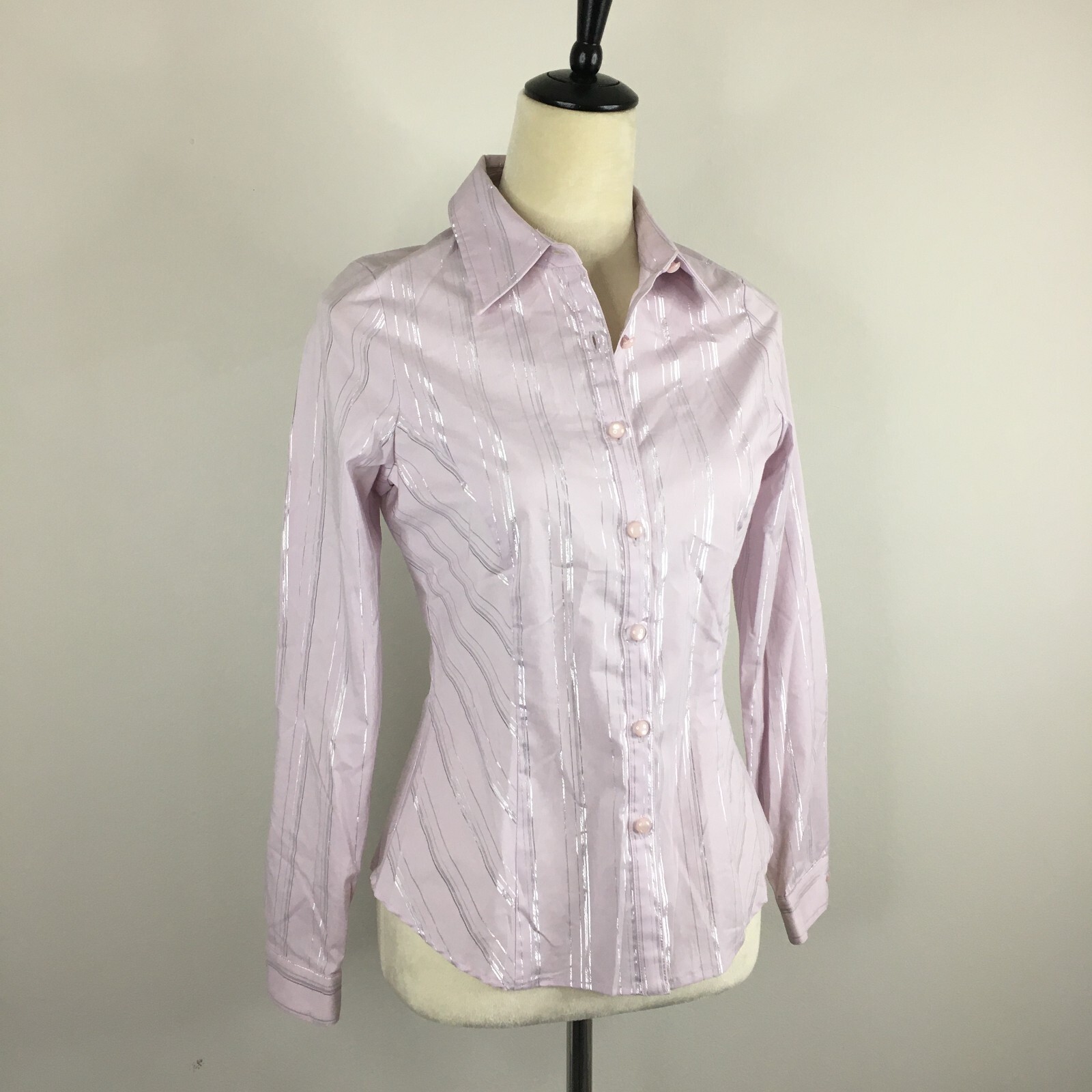 $260 NWT WANKO Womens sz 34/XS Light Purple Silver Glitter Striped Button Shirt