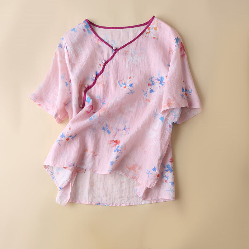 Ladies Retro V Neck Cotton Linen Floral Pink Yellow Green T-Shirt Plus Size