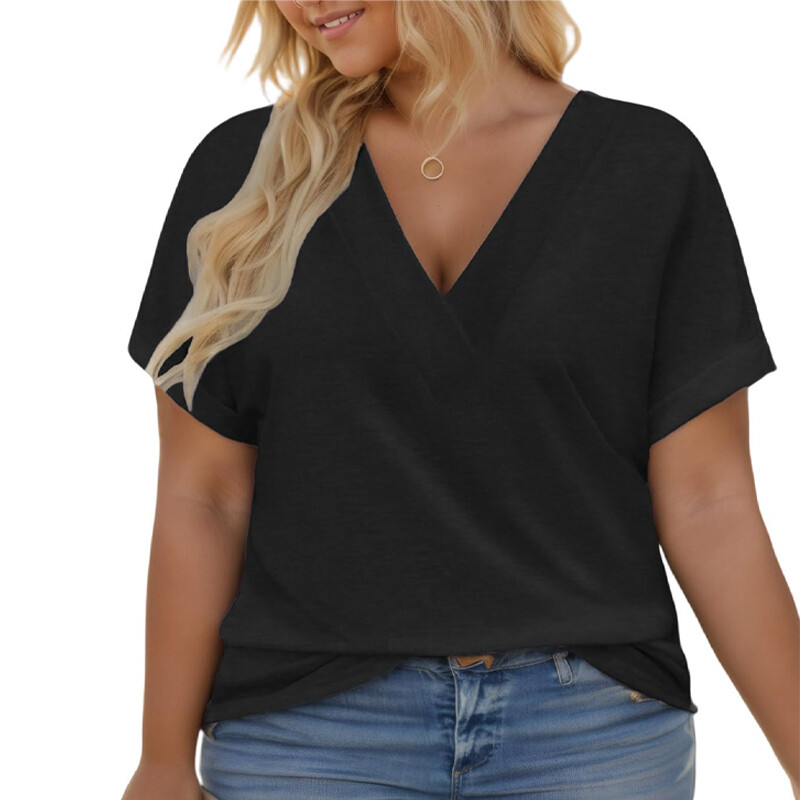 5X Plus Size Women’s V-neck Loose Top Soft Breathable Solid Color T-shirt Gift