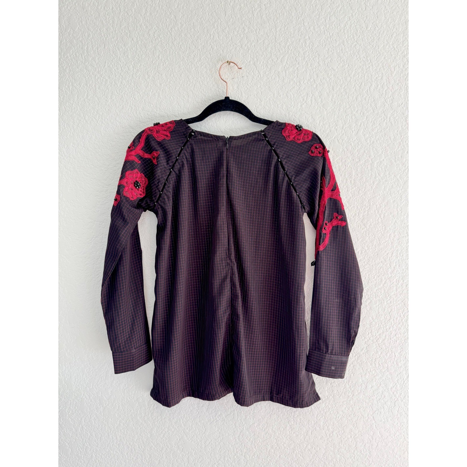 VTG Maria B Cotton Grid Tunic Top Black Red Pink Floral Beaded Embroidered XS