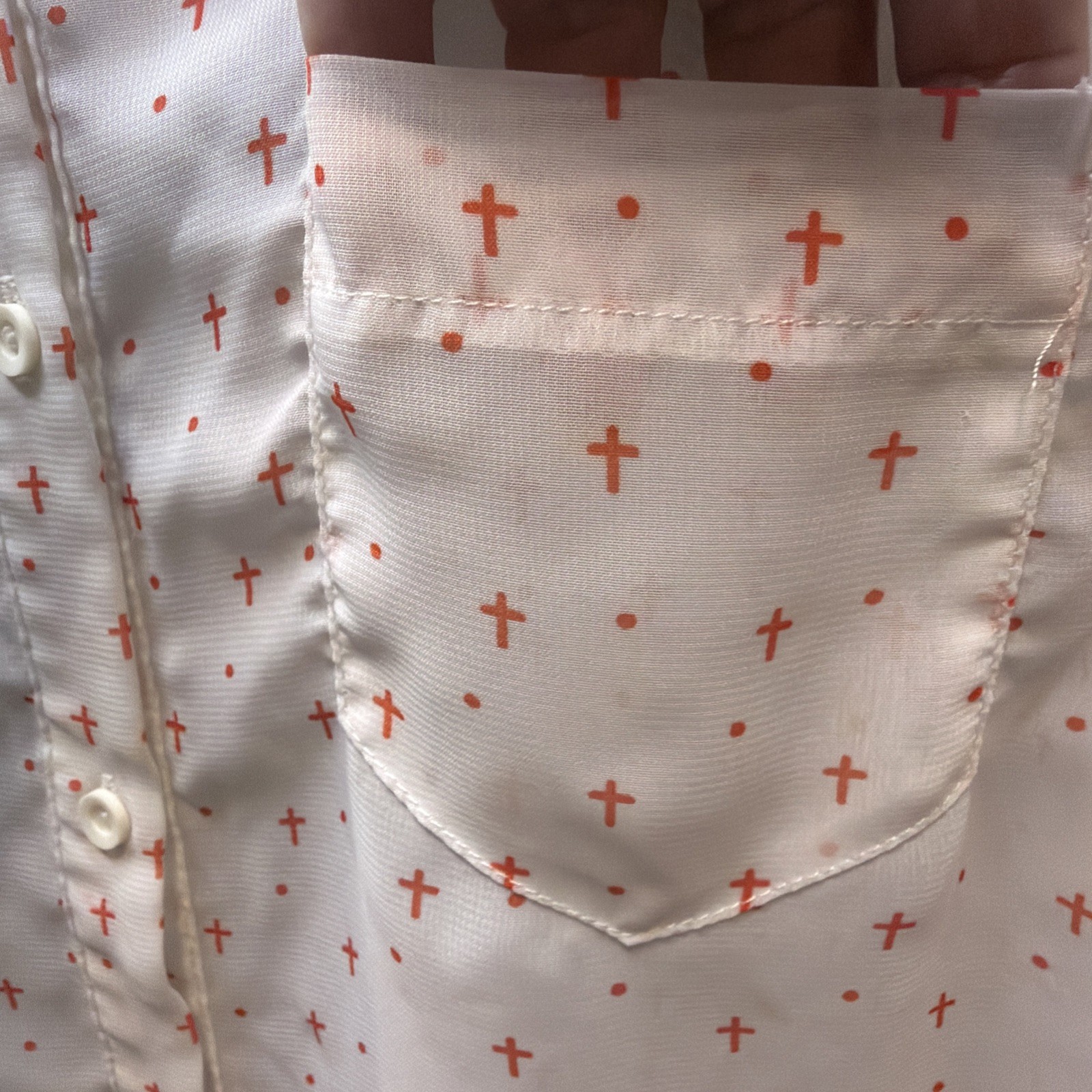 Timing Blouse Crosses Small Button Up Pocket Darted Roll Tab Sleeve Collar Sheer