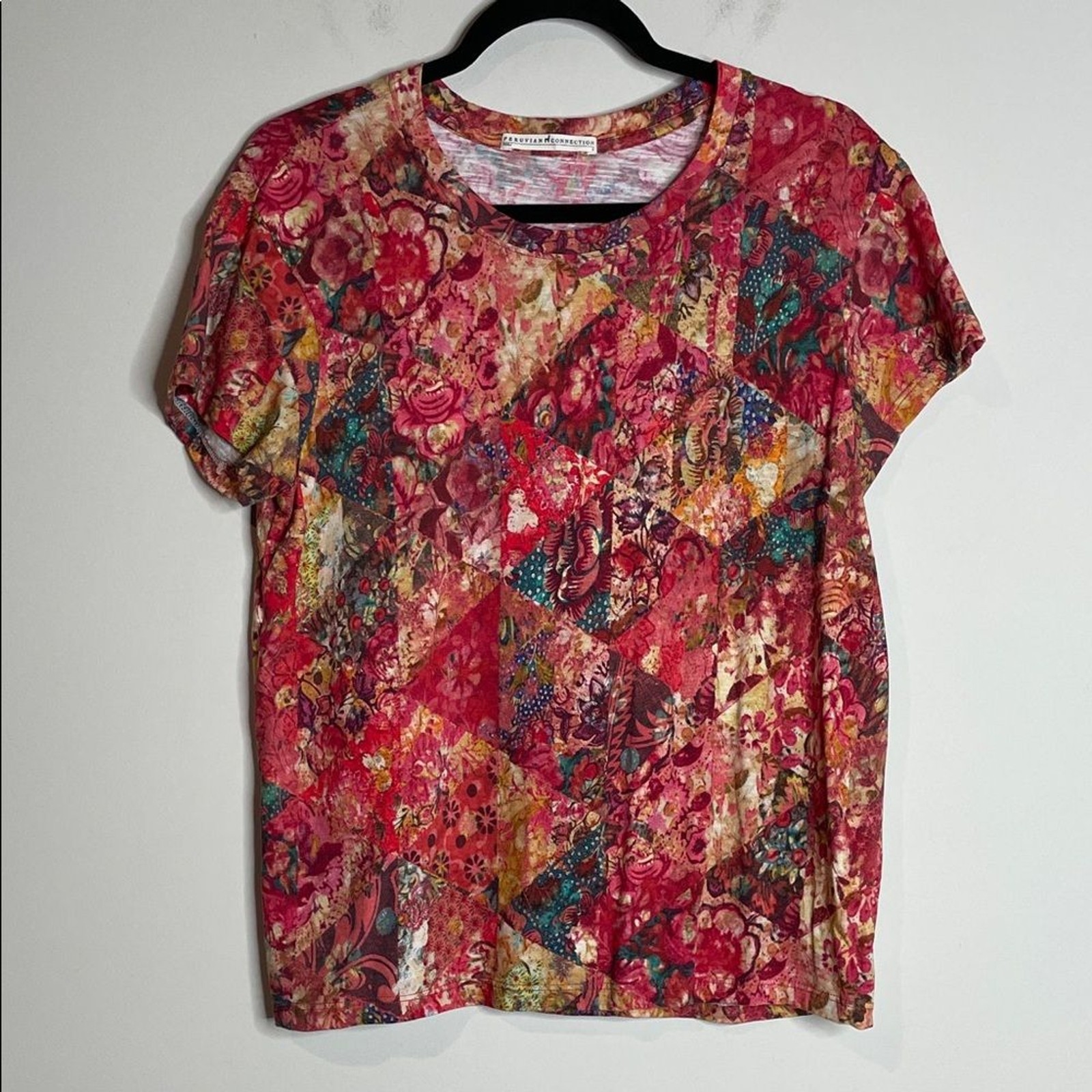 Peruvian Connection Women’s Patch Design Floral Short Sleeve Cotton Top Small