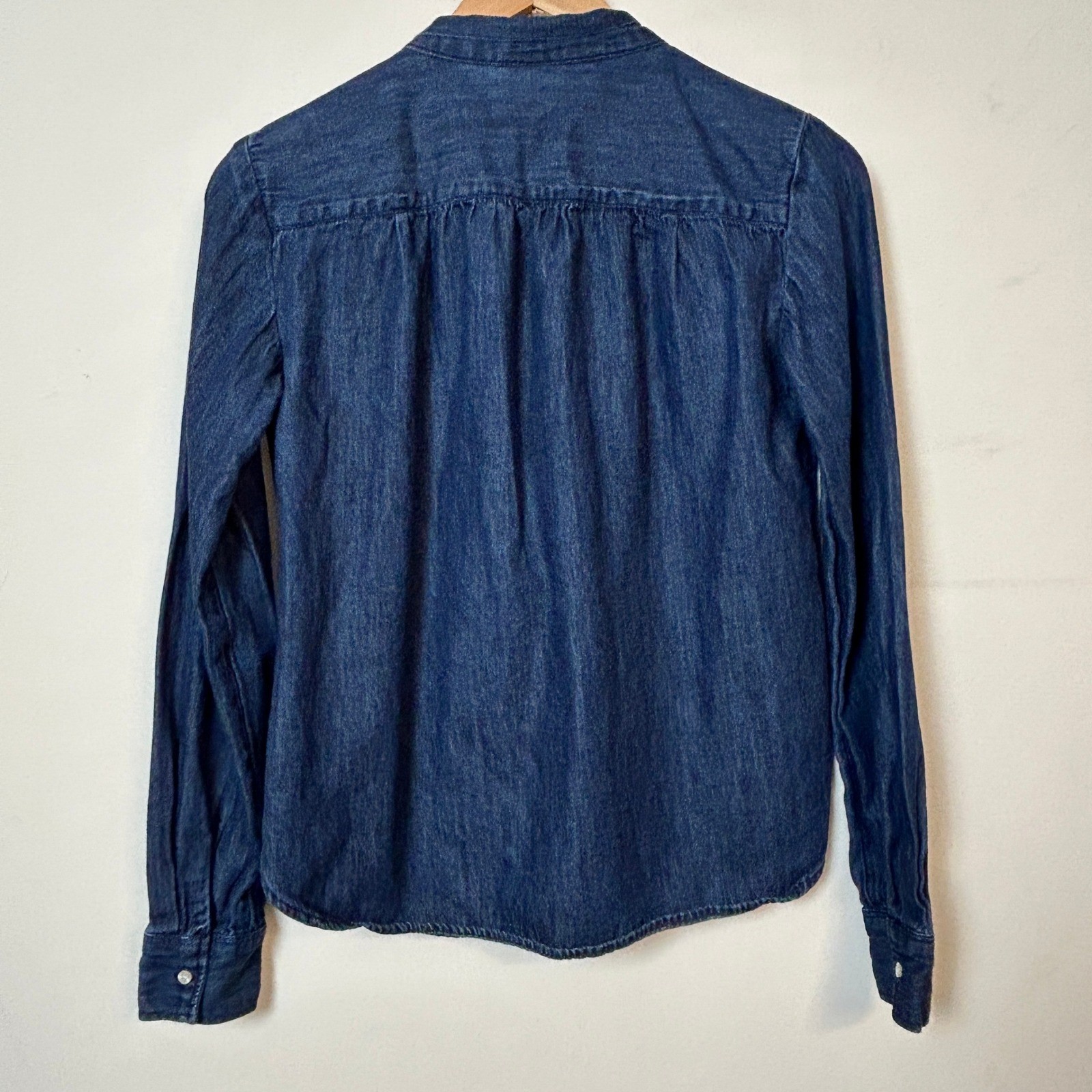 Gap Tailored Dark Wash Denim Tie Neck Blouse XXS Minimalist Career Classic