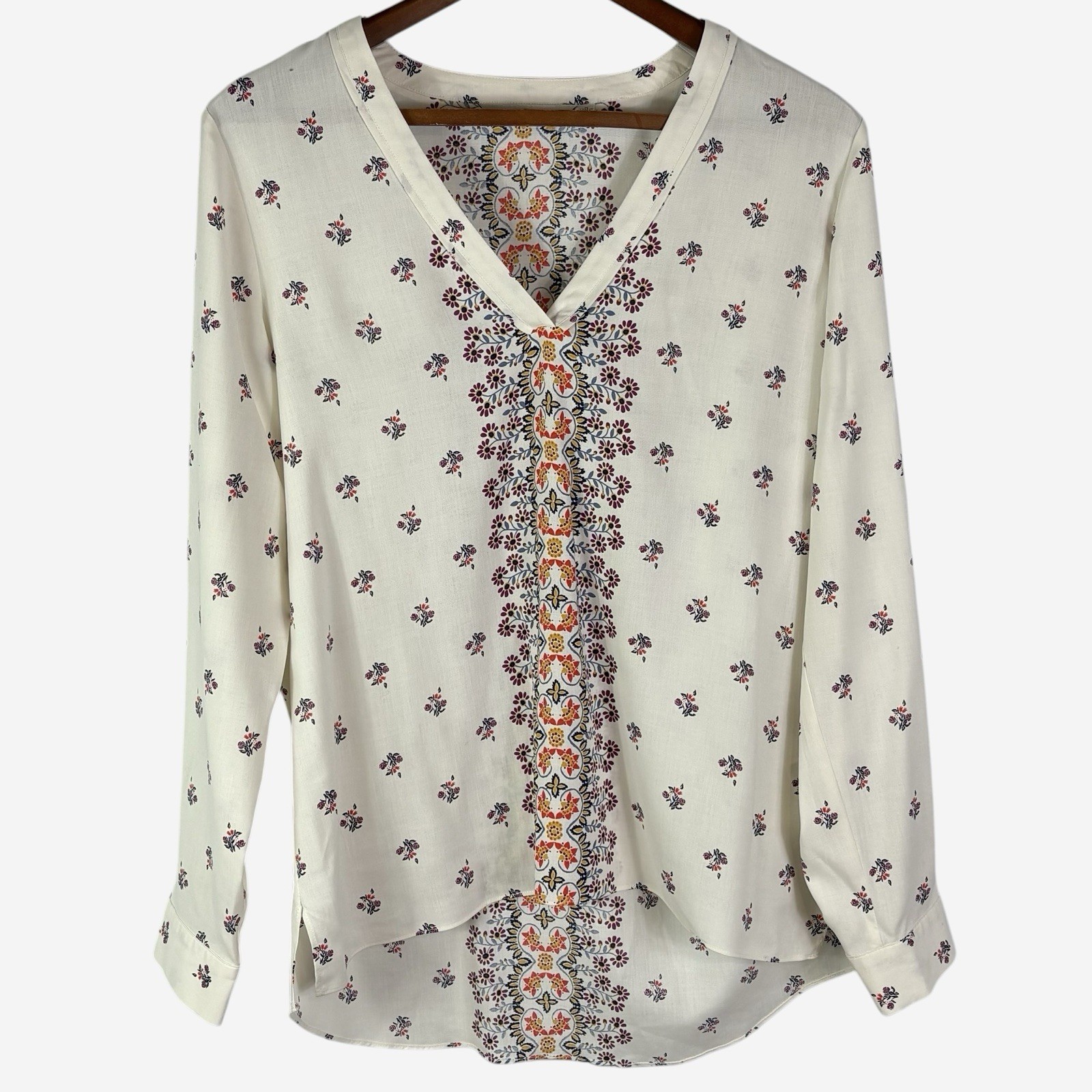 Orvis Pure Silk Tunic Top Womens M Floral Print Hi-Lo Hem V-Neck Boho Peasant