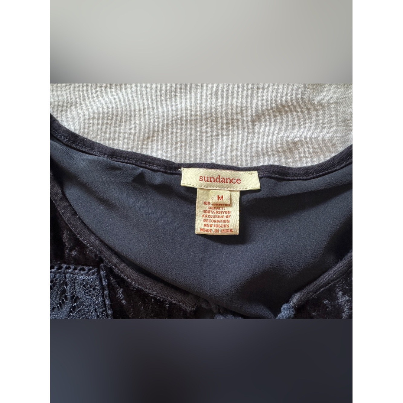 Sundance Velvet Lace Peasant Blouse Women’s Medium Navy Blue Tassel Tie