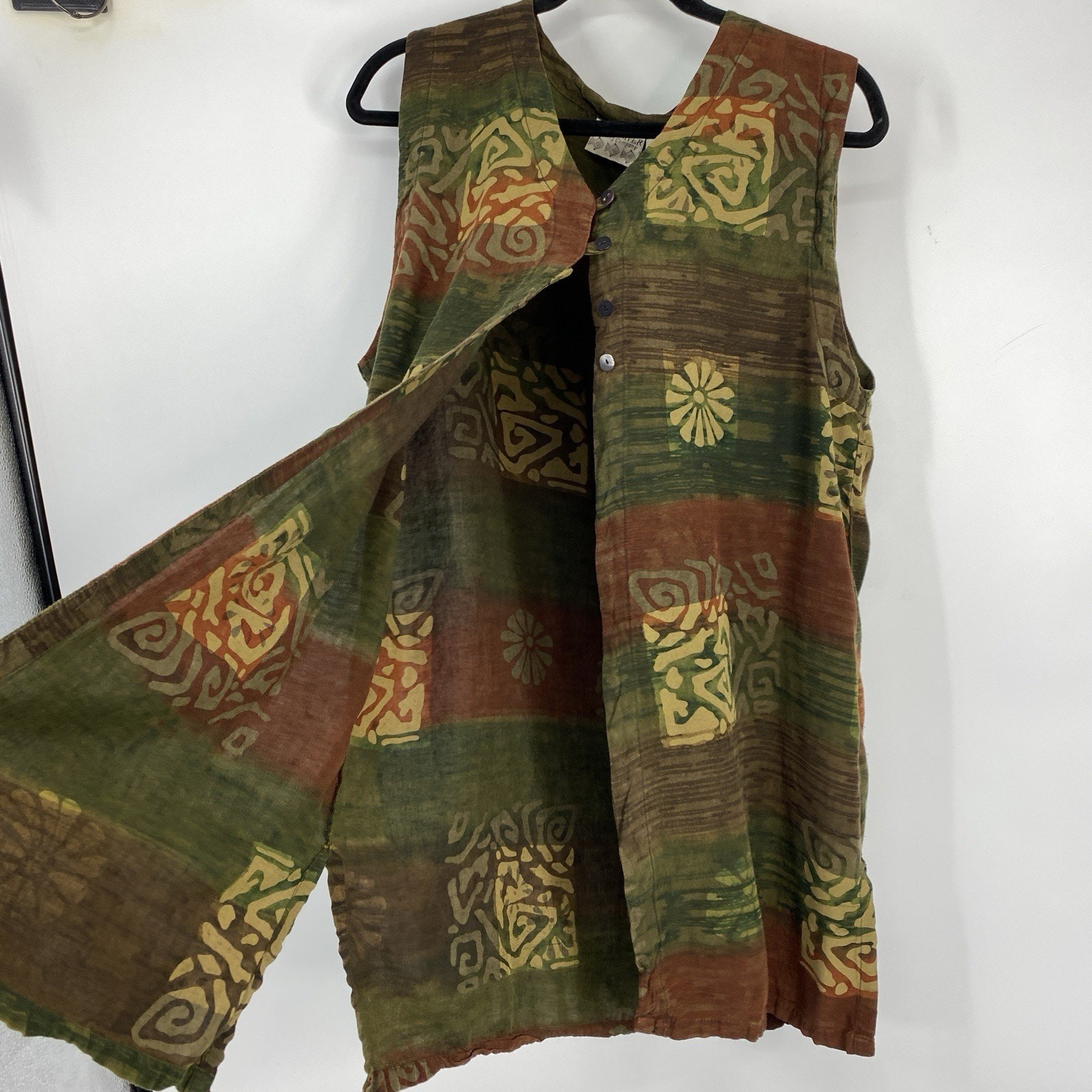 Wind River Boho Sleeveless Duster size Large Batik Floral Linen Blend Button Up