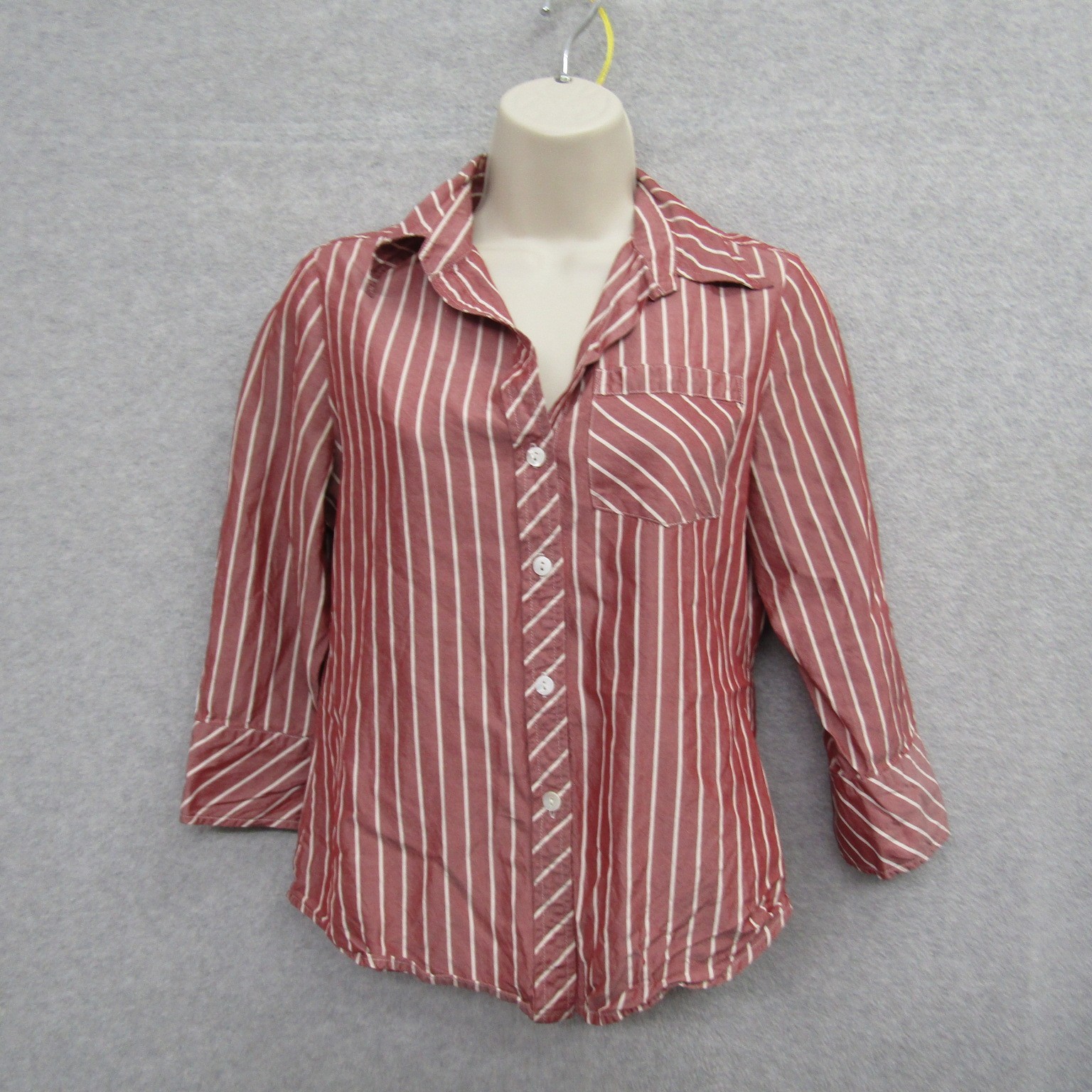 TRACY M 100% SILK Blouse Top Womens Small Red Stripe Button Up 3/4 Sleeve Preppy