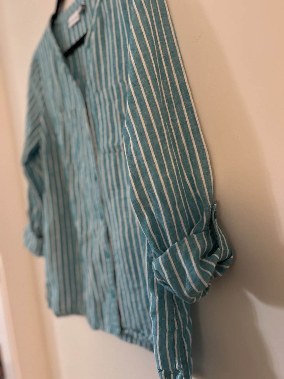 Linen Blend Button Up Blouse, Small. Teal & White. Versatile Sleeves.