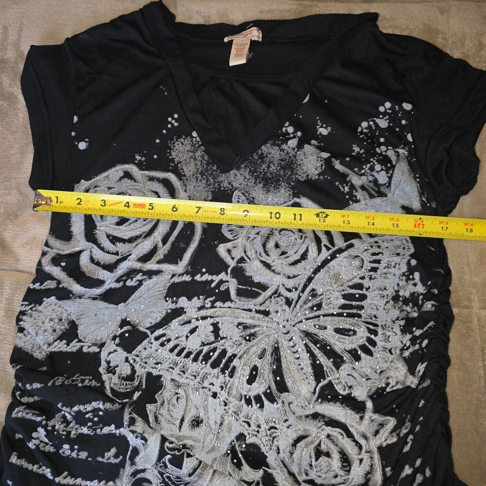 NYC Size Large bedazzled rhinestone Black with White Butterfly Ruching
