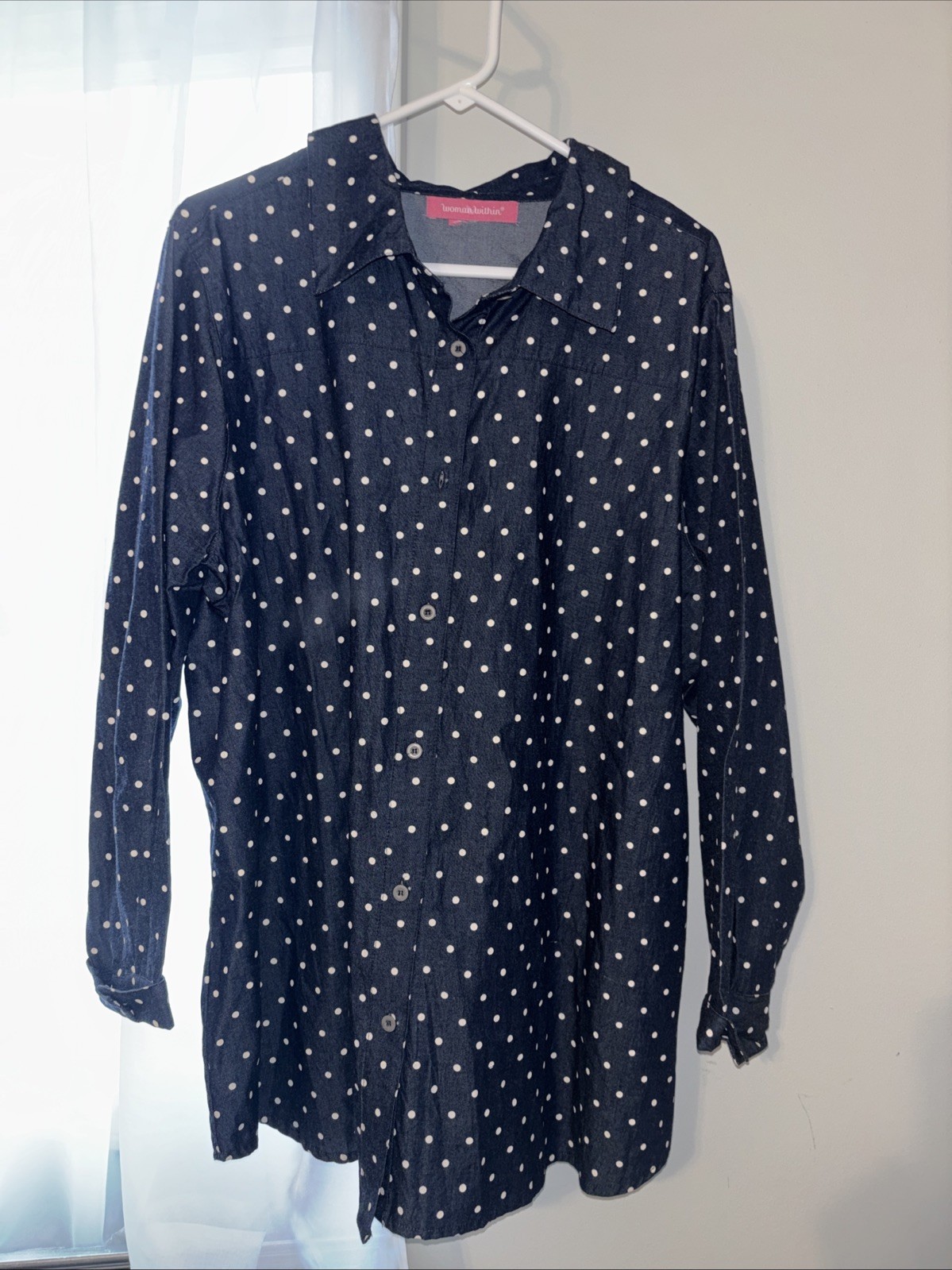 Women Within Women’s Size 3X (28 Inches Pit to Pit) Navy White Polka Dot Blouse