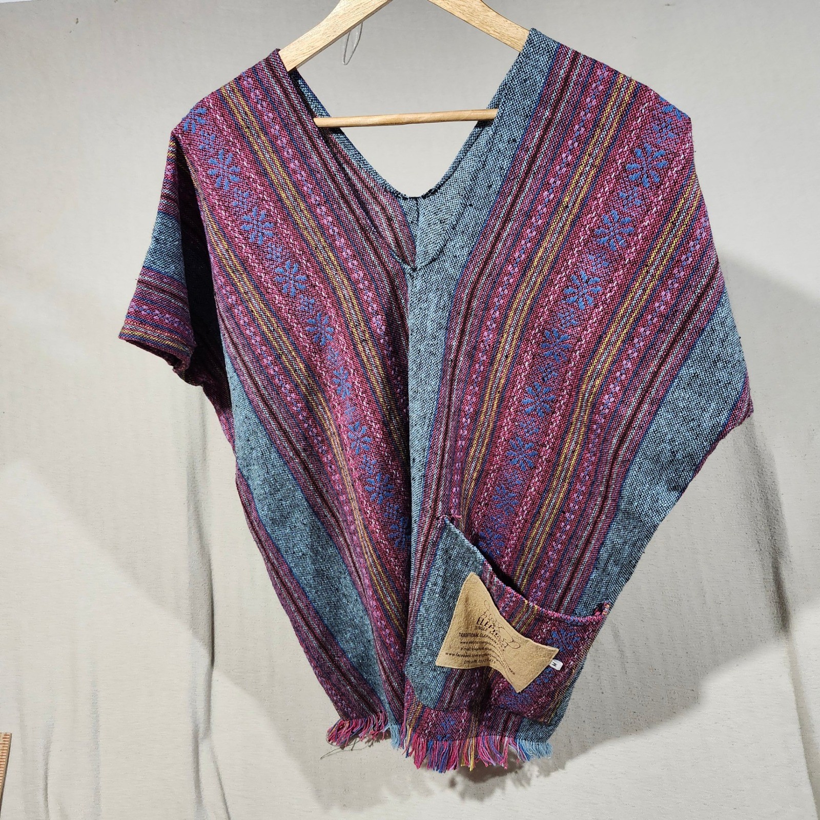 Elephant Jungle Sanctuary Traditional Thai Poncho Top Blue Pink Striped Medium