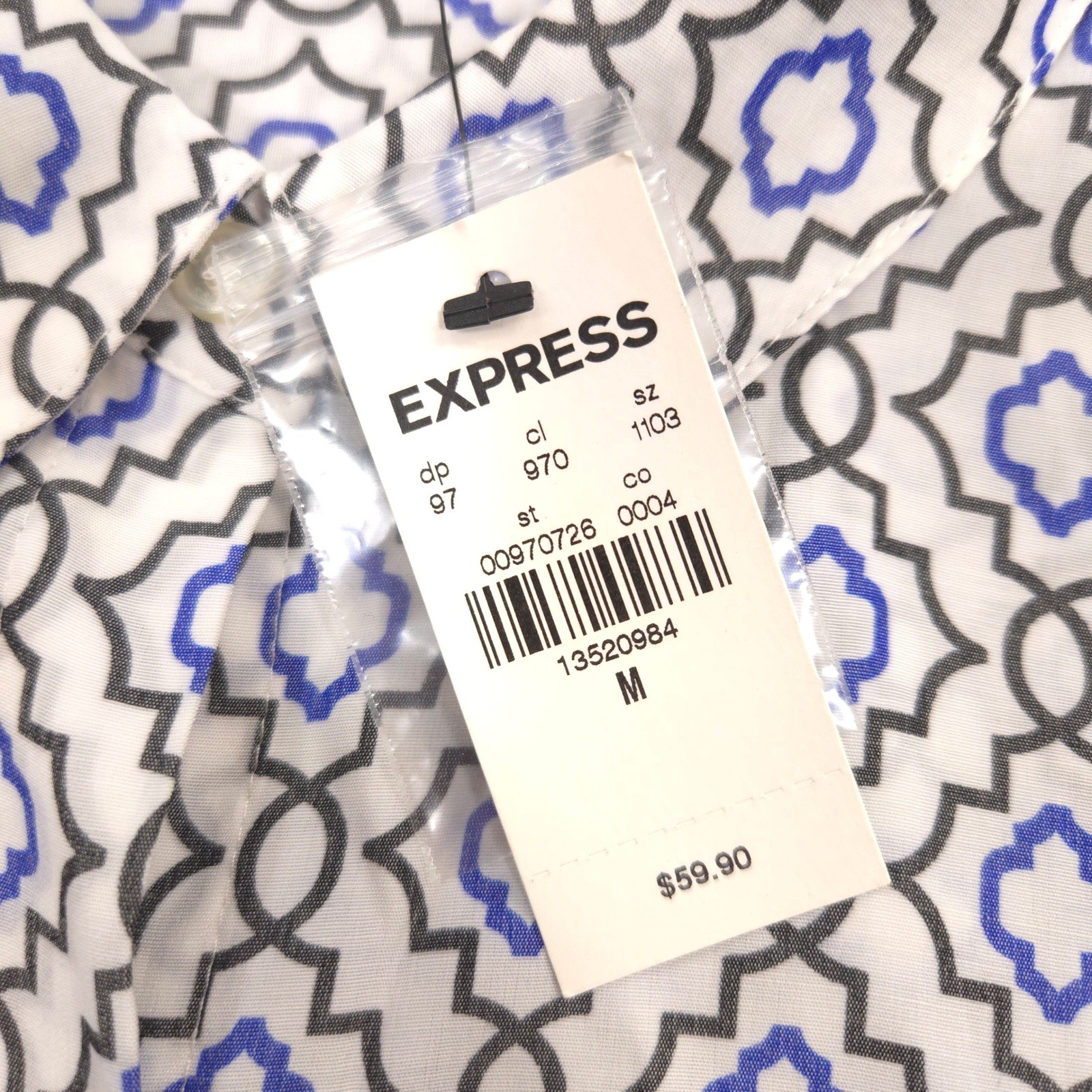 Express The City Shirt Womens M Blue Geometric Lightweight Roll Tab Sleeve NEW