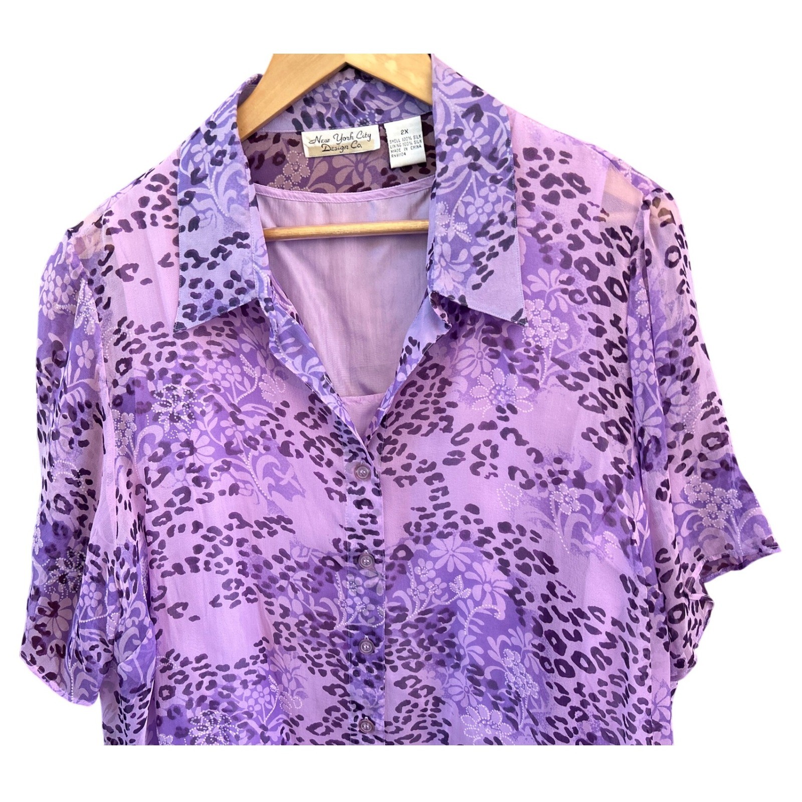 Vintage NYC Design Co Silk Floral Leopard Print Blouse 2X Purple Sheer Boho Chic